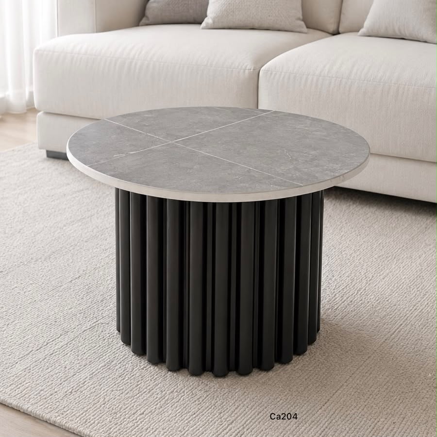Mesa auxiliar gris base acanalada aluminio y piedra sintetizada 30cm* 40cm